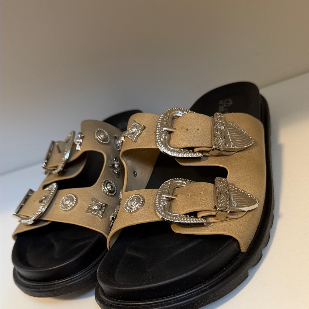 Pink Lily Tan Buckle Slide Sandals with Silver Hardware